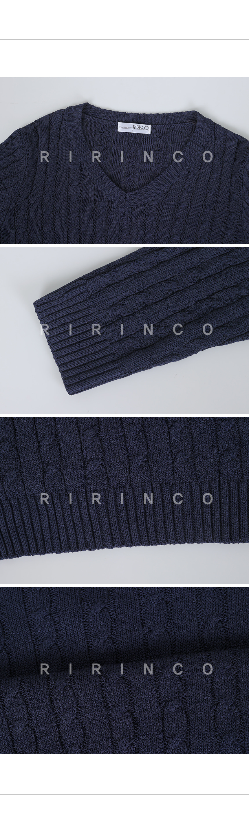 RIRINCO Ⅴネックケーブル編み長袖ニット