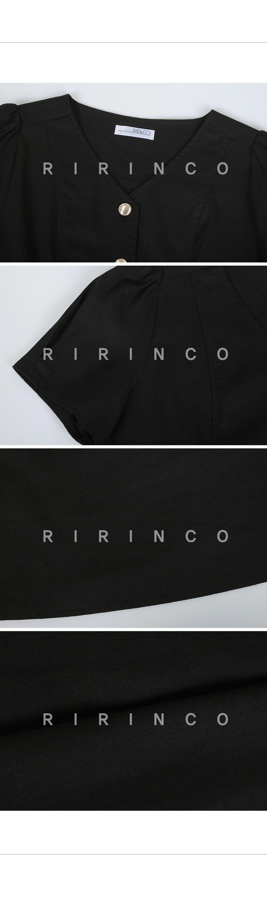 RIRINCO (リネン55%）Vネックパフ袖セミクロップド丈ブラウス
