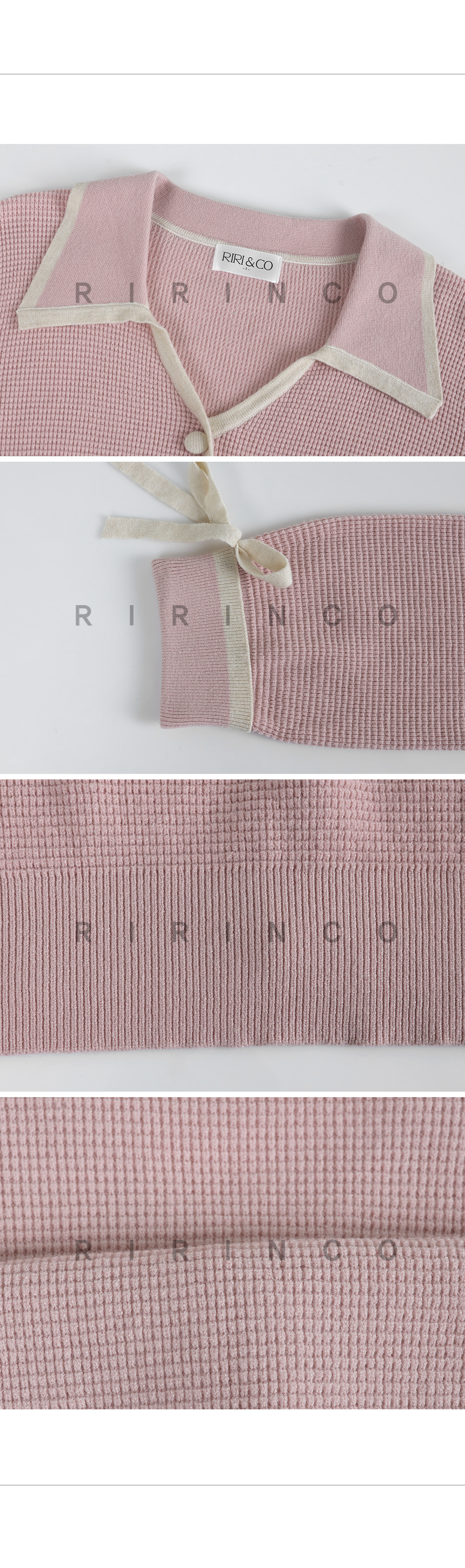RIRINCO 配色オープンカラーリボンニットカーディガン