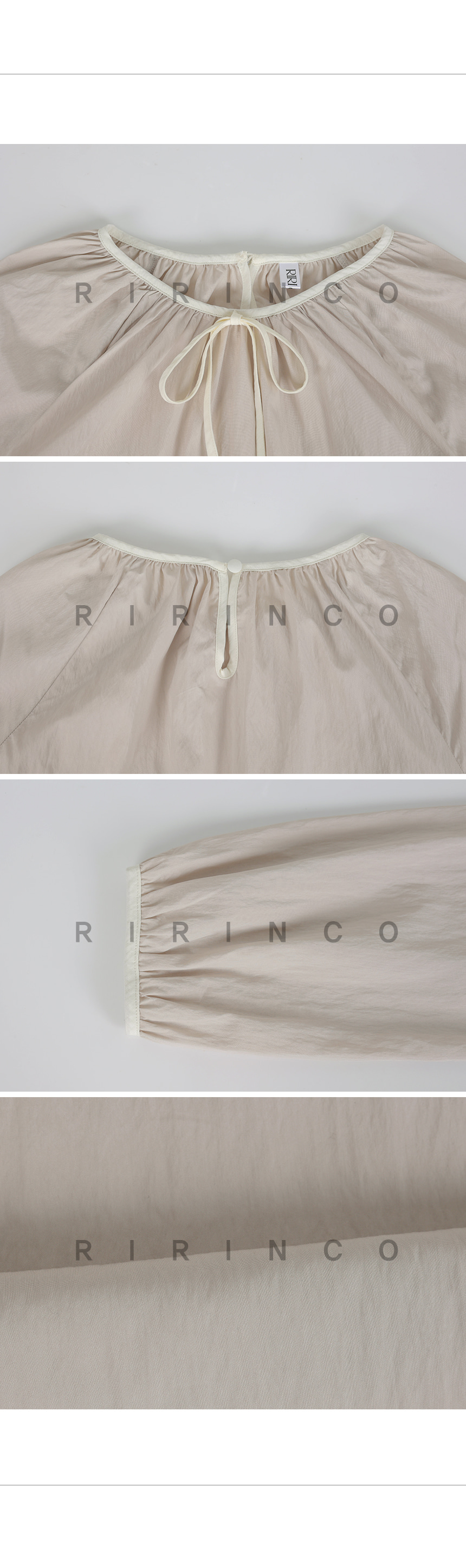 RIRINCO 配色リボンシャーリングパフブラウス