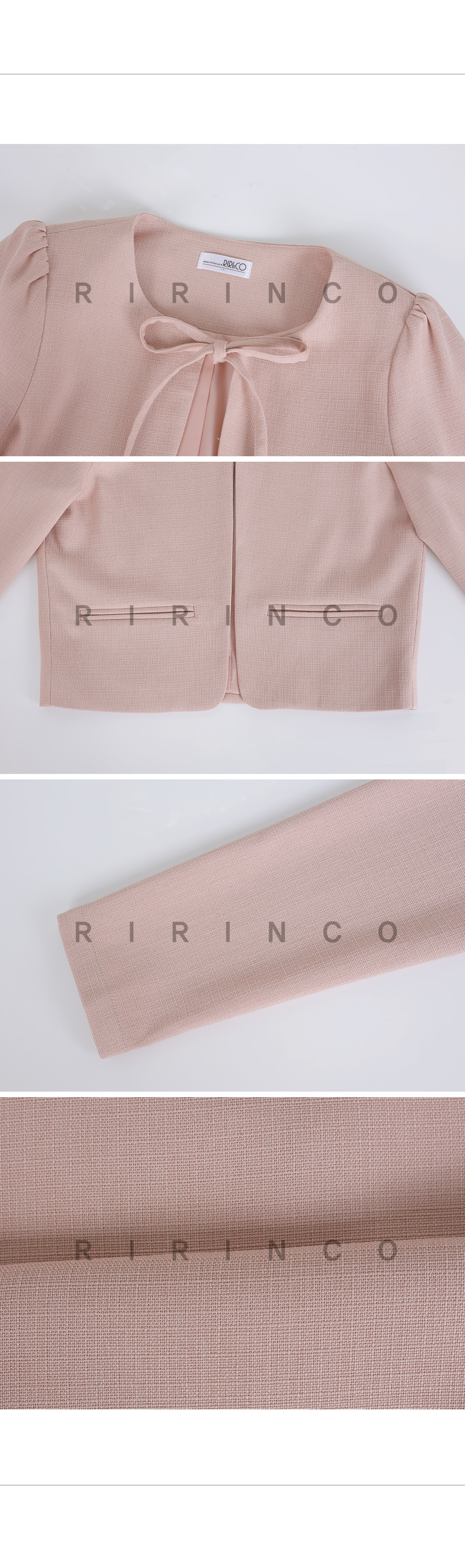 RIRINCO ラウンドネックリボンストラップクロップドジャケット